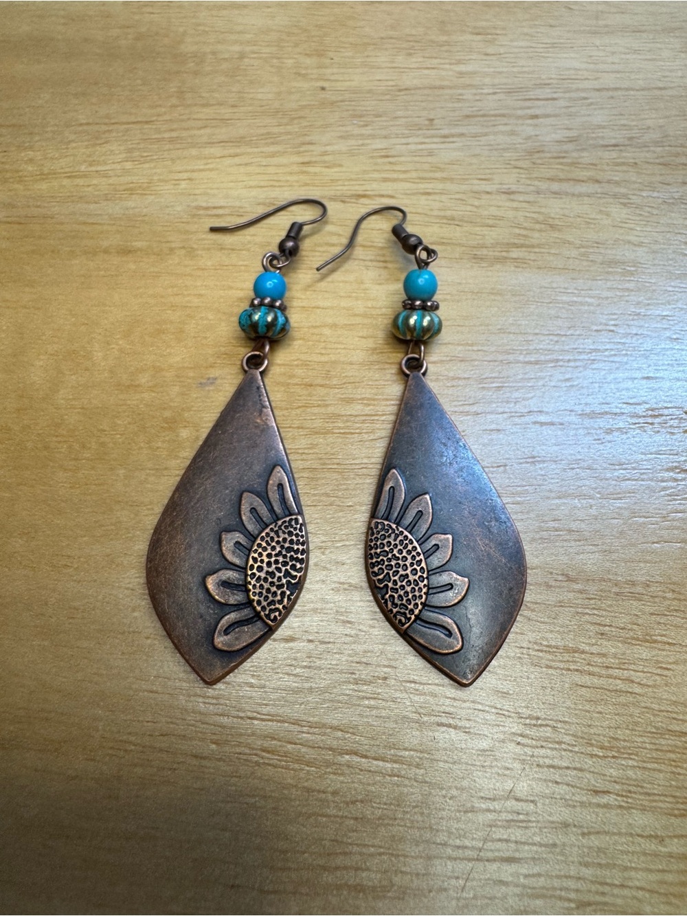 NWT Turquoise Bead Copper Sunflower Drop Earrings